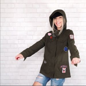 Green Hooded Zip Utility Jacket With Patches